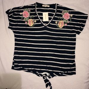 Navy Blue Tie-Hem Striped Shirt